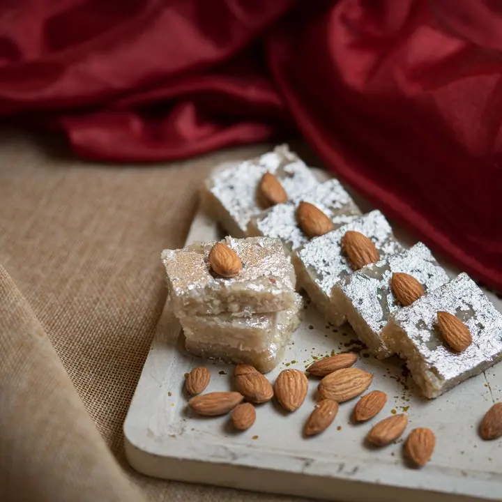 Badam Barfi — Almond barfi with a soft, fudgy bite.