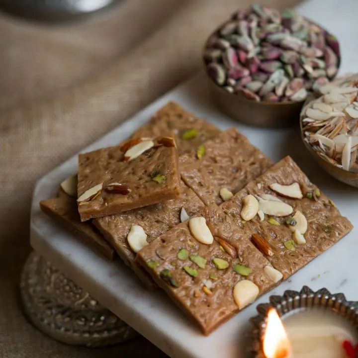 Pista Badam Barfi — Nut-studded barfi with almond and pistachio.