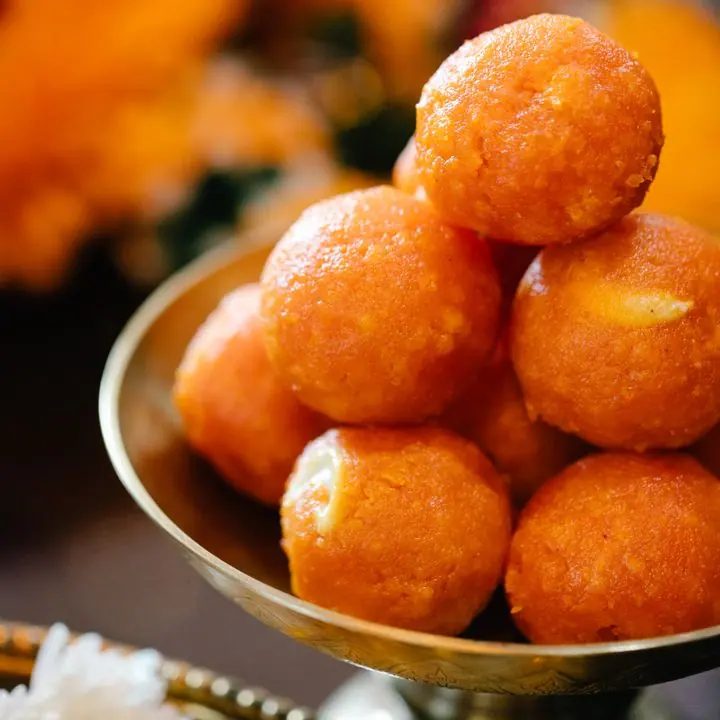 Motichoor Ladoo — Fine boondi ladoo with melon seeds.